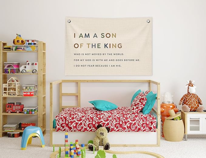 Christian Nursery Decor, Boy Nursery Wall Art, I Am a Son of the King Canvas Banner Wall Decor for Kids Boys Room Bedroom Playroom, 30x20 in