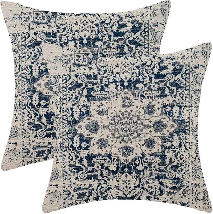 AEIOAE Boho Pillow Covers 22x22 Inch Set of 2,Carpet Pattern Throw Pillows Case,Navy Blue Beige Ethnic Design Outdoor Decorative Square Linen Farmhouse Decor Cushion Covers for Home Sofa Bed Couch