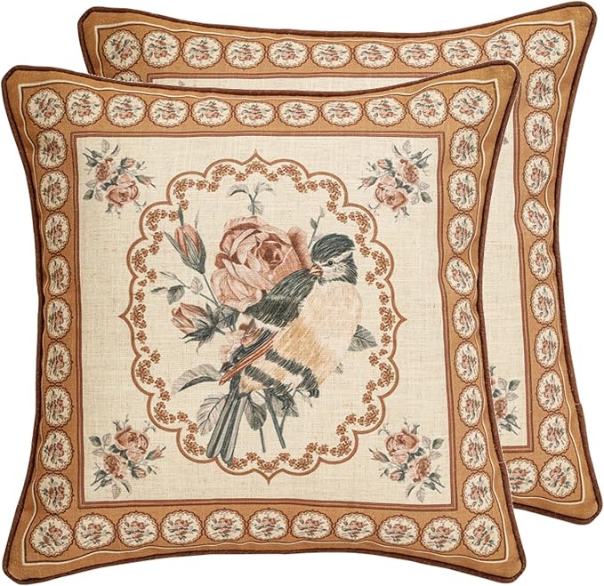 patdrea Vintage Linen Throw Pillow Cover,18"x18",Set of 2-ParkerEstate A | French Decorative Pillow Case with Zipper,Bird and Floral Pattern,Cushion Coverfor Couch Living Room Bedroom