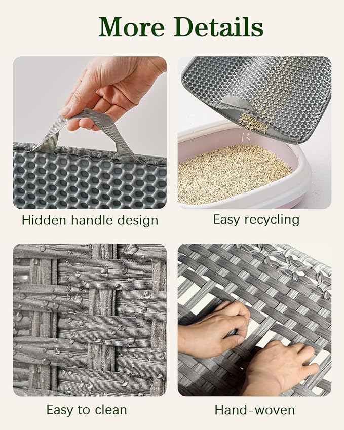 SETVSON Cat Litter Box Enclosure Furniture, Handwoven PE Rattan, Gray | Large Double-Door PE Rattan Kitty House, Fits Large Covered Litter Boxes, 2 Litter Mats, 2 S-Hooks, Metal Frame