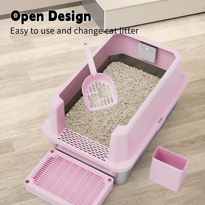 RIZZARI High-Sided Large Cat Litter Box: 2-Pack for Multi-Cat Use | 304 Steel Odor-Resistant Tray / 6.5" High Splash Guard / Dual Anti-Tracking / Built-In Deodorizer / Spacious for Large Breeds