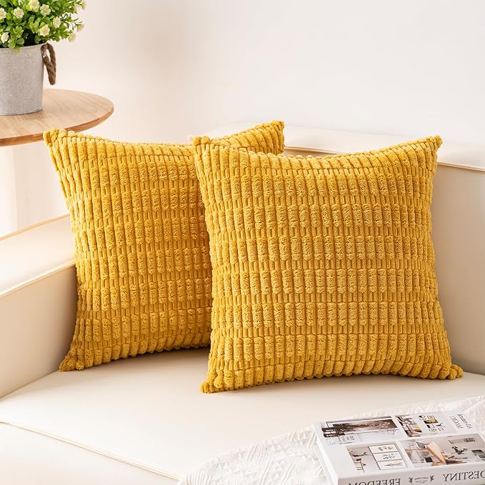 Aegero Pack of 2 Corduroy Decorative Throw Pillow Covers 24x24 Inch, Yellow | Fall Soft Striped Pillow Covers Modern Farmhouse Home Decor Christmas Throw Pillow Covers for Sofa Living Room Couch Bed