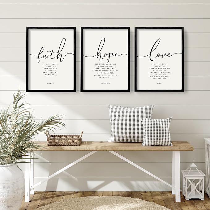 Houmury 3PCS Framed Faith Hope Love Bible Verses Wall Art Farmhouse Religious Quotes Wall Decor Inspirational Wall Art (Black, 16"x24")