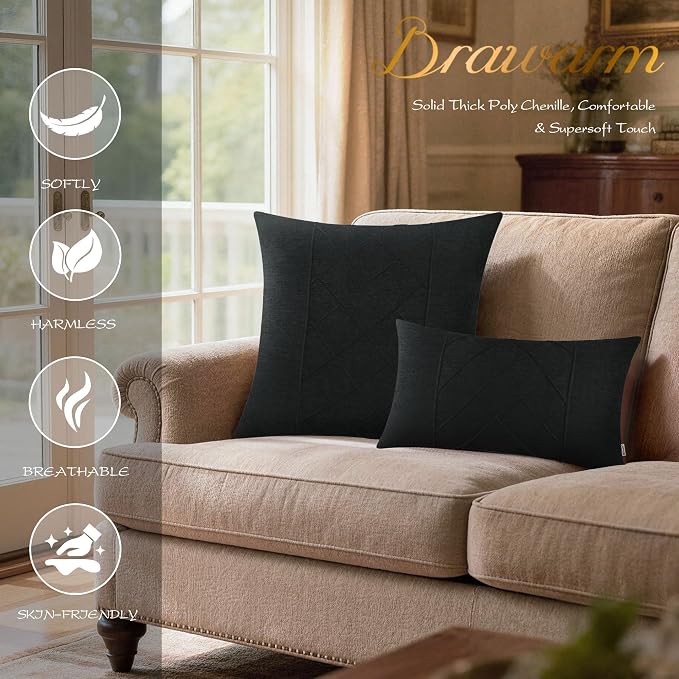 BRAWARM Chenille Throw Pillow Covers 22x22 Inches, Black, 2 Pack | Decorative Pleated Pillow Covers, Soft Cushion Cases for Sofa Bed Living Room Home Farmhouse (No Insert)