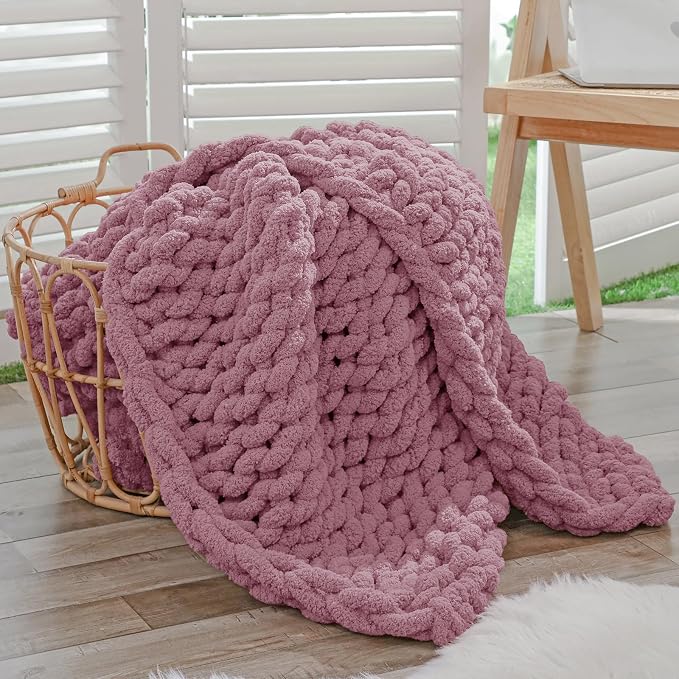 Bigacogo Chunky Knit Throw Blanket for Couch, 40x60 inches, Burnt Rose | Hand Knit with Jumbo Chenille, Soft Breathable Cable Knit for Sofa Bed Living Room, Machine Washable, Gift for Mom Friend