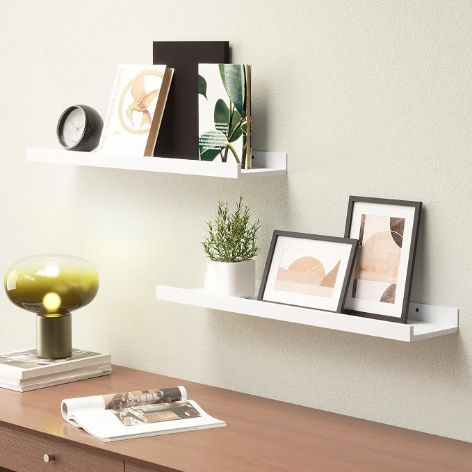 Boswillon Floating Shelves Set of 2, Long Wall Shelf with Lip, 24in, White | Display Ledge Shelf for Room Wall, Wall Decor Shelves for Bathroom, Living Room, Bedroom, Kitchen, Nursery Room, Modern, Wood