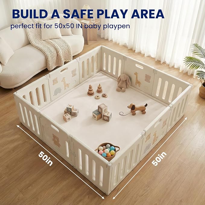 Huloo Sleep Baby Play Mat for Floor,1.3" Thick Elasti-Foam 50x50 Playpen Mat for Toddlers Infant Kids,Water-Repellent Soft Coral Velvet Tummy Time Mat,Non Slip Crawling Mat,Tatami Mat(Beige)