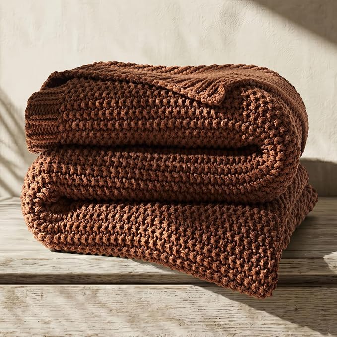 Organic Cotton Chunky Knit Throw Blanket, 60 x 80 Terracotta | OCS Certified Organic Cotton, Seed Stitch Knit, Soft & Breathable, Cozy Midweight, Decorative Throw for Couch, Bed & Sofa