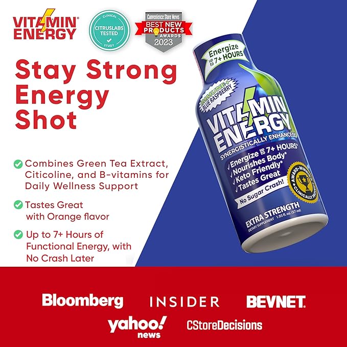 Vitamin Energy Immune+ Extra Strength Energy Shot Blue Raspberry 48 Pack, 260mg Natural Caffeine, B-Vitamins, Citicoline, Green Tea, Immunity & Focus Support, Zero Sugar, Gluten-Free 1.93 fl oz