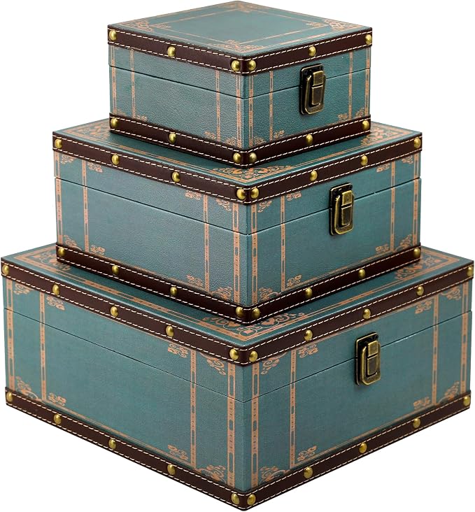 Jolitac Wooden Storage Box Set of 3, Antique-Looking Storage Containers with Secret Compartments Vintage Nesting Keepsake Chests for Jewelry, Cash, Photos Travel-Friendly & Stackable (Green)