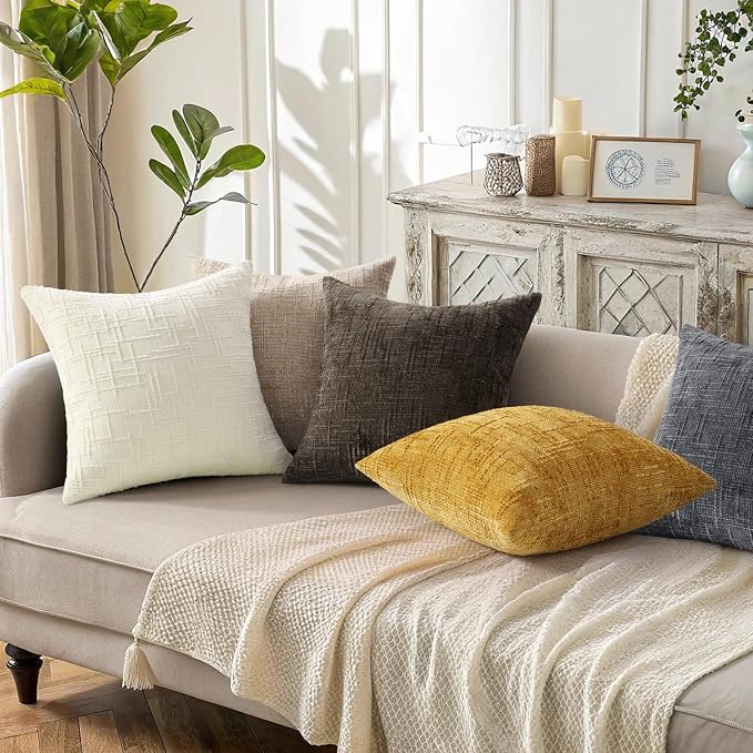 decorUhome Textured Chenille Throw Pillow Covers 16x16 Set of 2 Oatmeal | Fall Modern Farmhouse Soft Cozy Slubby Couch Pillow Cases Boho Decorative Pillow Cases for Bed Sofa Living Room Home Decor