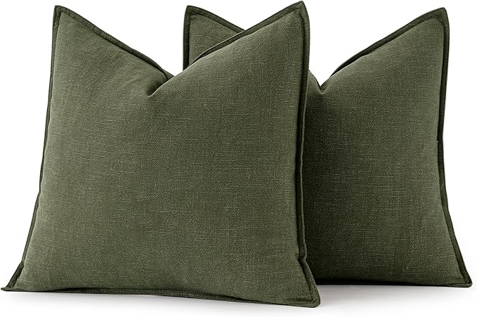 MIULEE Decorative Linen Pillow Covers 18x18 Inch Dark Olive Green | Boho Farmhouse Neutral Couch Throw Pillows for Bed, Pack of 2 Accent Modern Pillowcases, Sofa Livingroom Home Decor