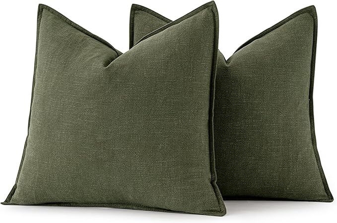 MIULEE Decorative Linen Pillow Covers 20x20 Inch Dark Olive Green | Boho Farmhouse Neutral Couch Throw Pillows for Bed, Pack of 2 Accent Modern Pillowcases, Sofa Livingroom Home Decor