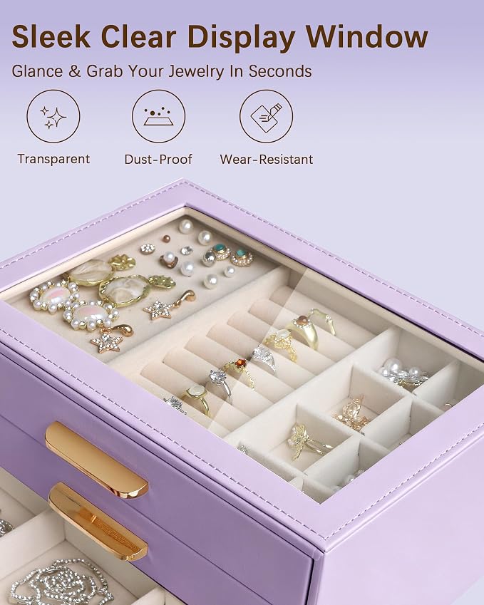 Homeanda Jewelry Boxes Organizer with Glass Lid, 3-Layer PU Leather, Purple | Modern style display case with 3 drawers for daily jewelry, women, mom or girl gift