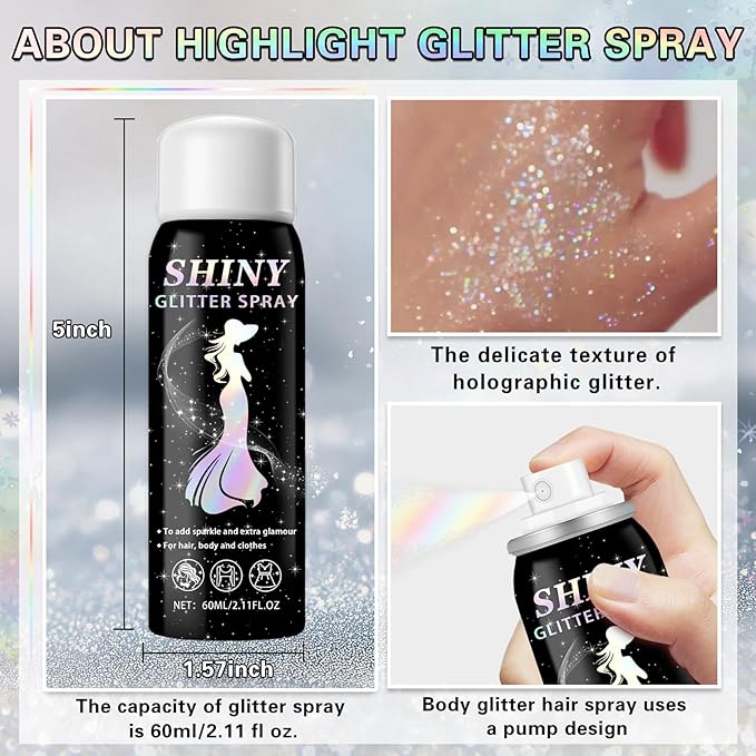 Body Glitter Spray, 60ML Shiny Gold Glitter Spray for Hair Body and Clothes,Long-Lasting Quick-Drying Holographic Ultra Fine Powder Glitter Hairspray for Festival Rave Stage Prom 2.11 Fl Oz