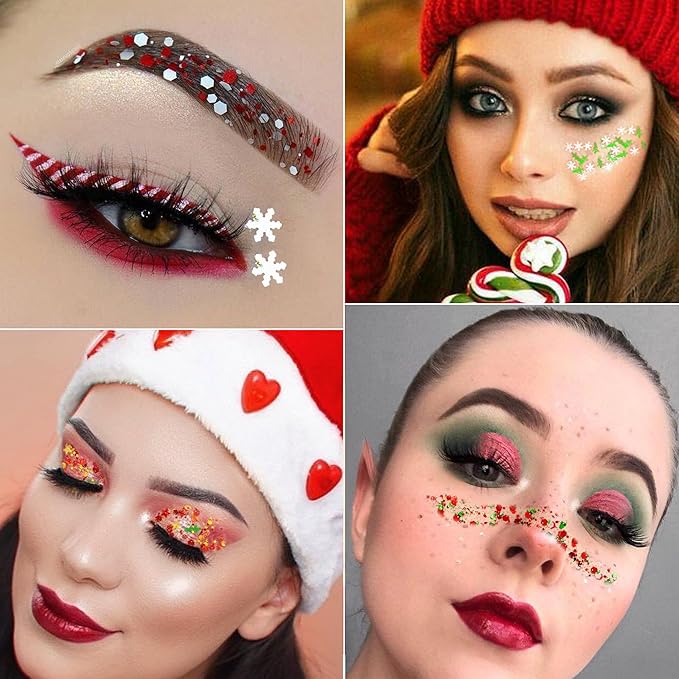 Christmas Body Glitter Gel SUPGIFT 4 Colors 8.5oz Holographic Chunky Mermaid Iridescent Laser Liquid Star Flower Leaf Sequins for Makeup Face Eyeshadow Hair with Spoon