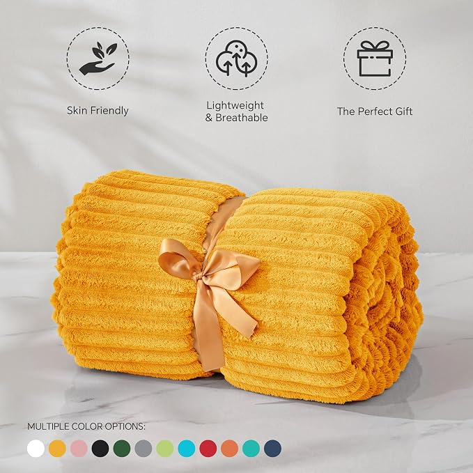 BEDELITE 3D Ribbed Mustard Yellow Fleece Twin Blanket for Bed, 60x80 Inch | Soft Warm Decorative Fluffy Blanket, Cozy Plush Lightweight Fuzzy Throw Blanket for Couch Sofa Room Decor, Gift for Women