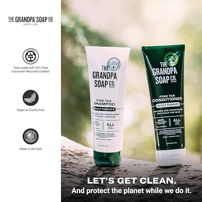 The Grandpa Soap Company Pine Tar Shampoo - Cleanses and Moisturizes Dry Scalp, With Pine Tar and Tea Tree Oil, All Hair Types, Vegan, Sulfates and Parabens Free, 8 Fl Oz 2 Pack