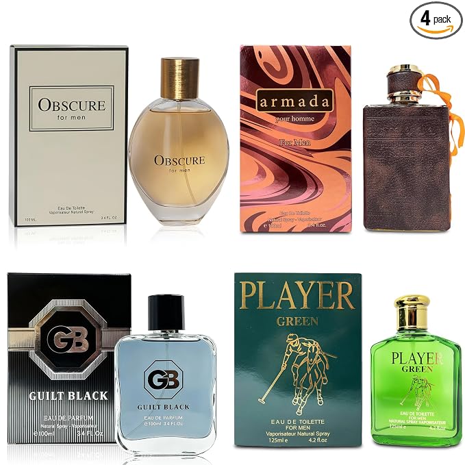 A CENTER Men's Cologne Gift Set 4 Pack(Obscure&Guilt Black&Player Green&Armada) - 3.4 Fl Oz Each | Vanilla Leather,Tobacco& Amber Floral Fragrance | Luxury Eau de Toilette