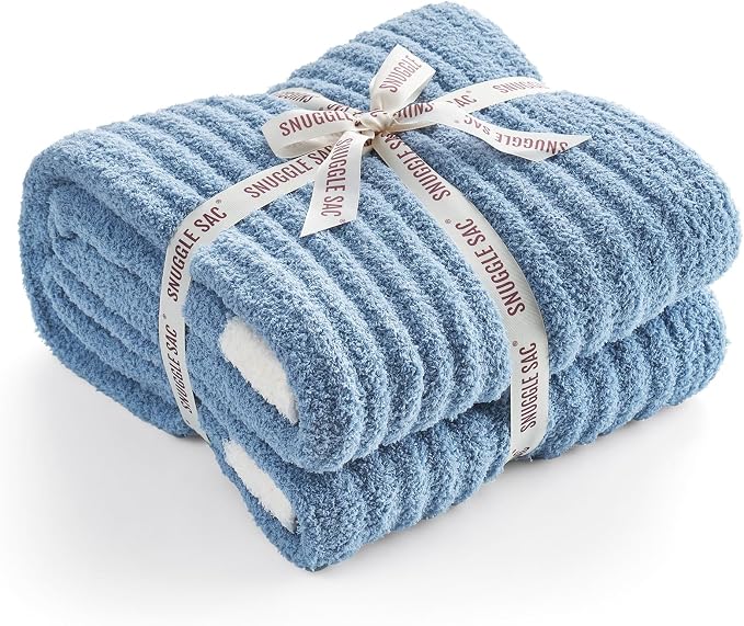 Snuggle Sac Fluffy Ribbed Blue Bedding Blanket Twin Size, Soft Luxurious Knit Fuzzy Plush Microfiber Blankets for Sofa, Bed, Blue, 60x80 inches