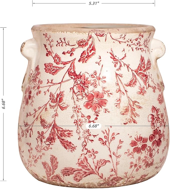 Antique Ceramic Planter & Vase for Home Decor, Rustic Farmhouse Flower Pot | 6.68 Inch Indoor Decorative Plant Pots, Vintage Ornament, Perfect for Bookshelf & Tabletop, Unique Gifts for Women, Red