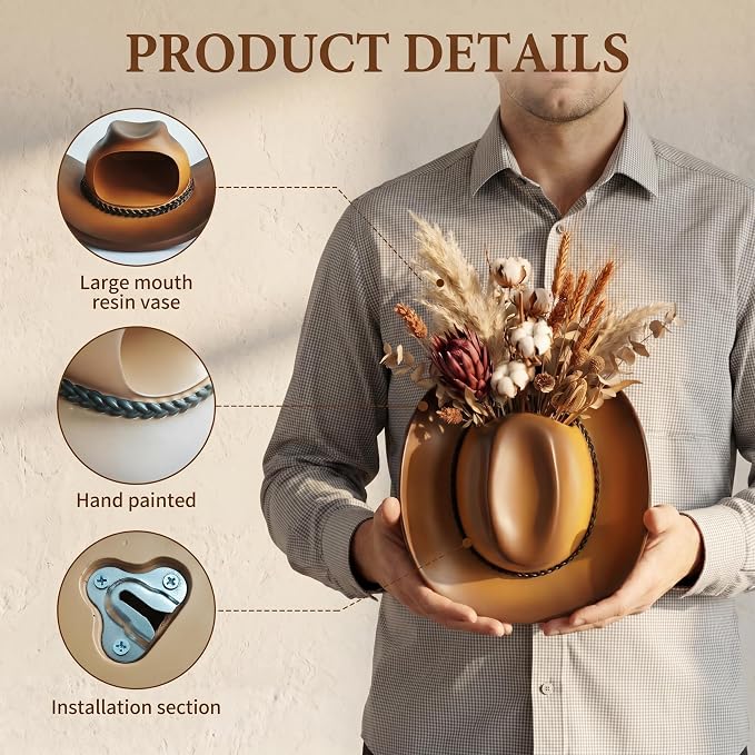 Hanging Wall Vase for Flowers Resin Cowboy Hat Vase Western Decor Gradient Brown