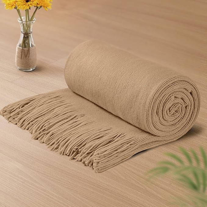 Vonty Light Brown Knitted Blanket with Tassels Fringe 50" x 60", Super Soft Knit Throw Blanket, Farmhouse Decorative Lightweight Blanket for Couch, Sofa, Bed | Super Soft And Lightweight, Year-Round Cozy Warmth, Farmhouse Decorative Style, Machine Wash...