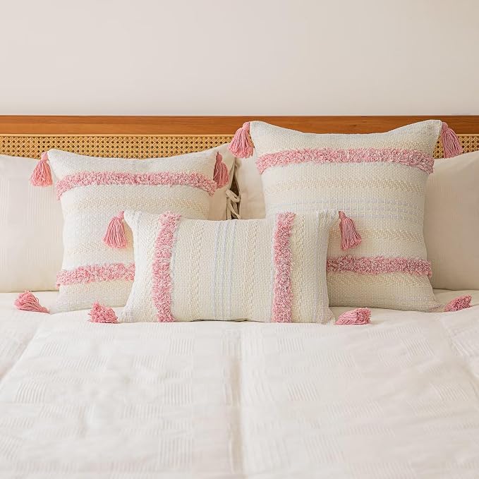 BUIOVBEY Boho Throw Pillow Covers Woven Tufted Pillow Cases with Tassels | Farmhouse Pillow Covers 12x20 Set of 2 Textured Striped Cushion Case Neutral Decorative Pillowcase for Sofa Couch Bed Pink