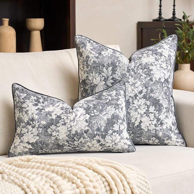 Alerfa Grey Neutral Floral Pillow Cover 18 x 18 Inch, Vintage Chenille Square Couch Pillow Cover Soft Decorative Farmhouse Accent Pillowcase for Living Room Bedroom