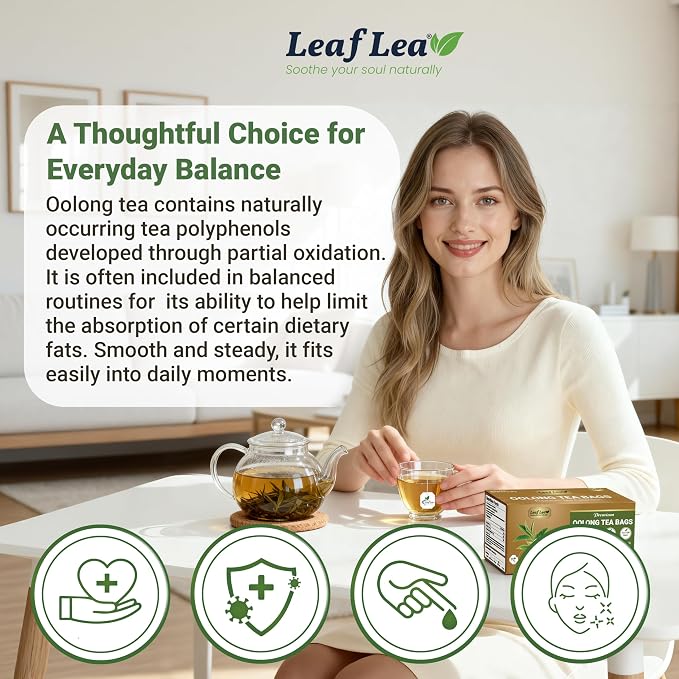 LeafLea Oolong Tea Bags, Post-Meal Comfort & Daily Ease, 80 Count | Te Oolong From Whole Camellia Sinensis Leaves, Mellow Golden Cup, Caffeinated, Sugar-Free, Individually Wrapped