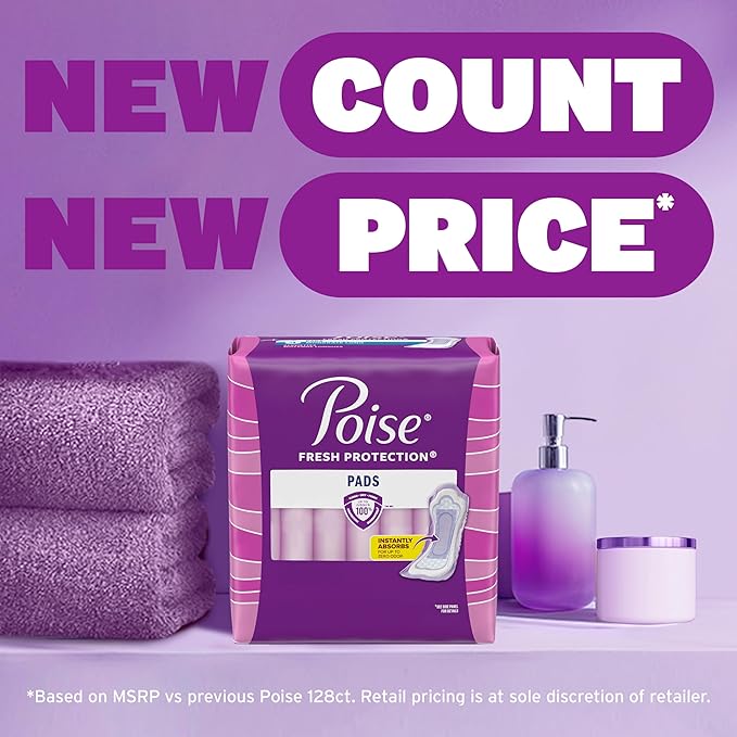 Poise Incontinence Pads & Postpartum Incontinence Pads, 6 Drop Ultimate Absorbency, Long Length, 42 Count, Packaging May Vary