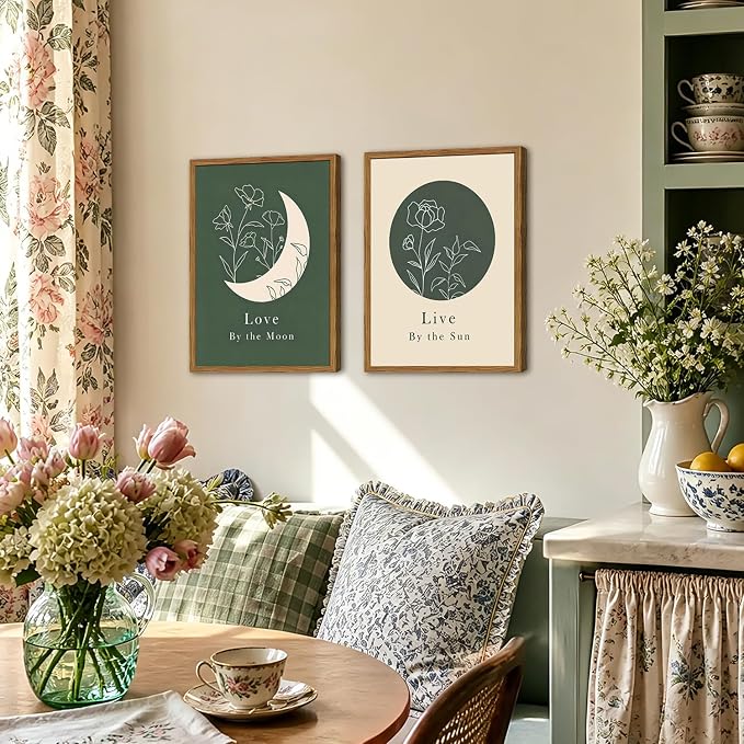 Framed Boho Sun and Moon Wall Art Set of 2, Sage Green Floral Line Pictures Wall Decor, Minimalist Quotes Paintings Mid Century Modern Canvas Prints for Living Room Bedroom Office 16x24 inch