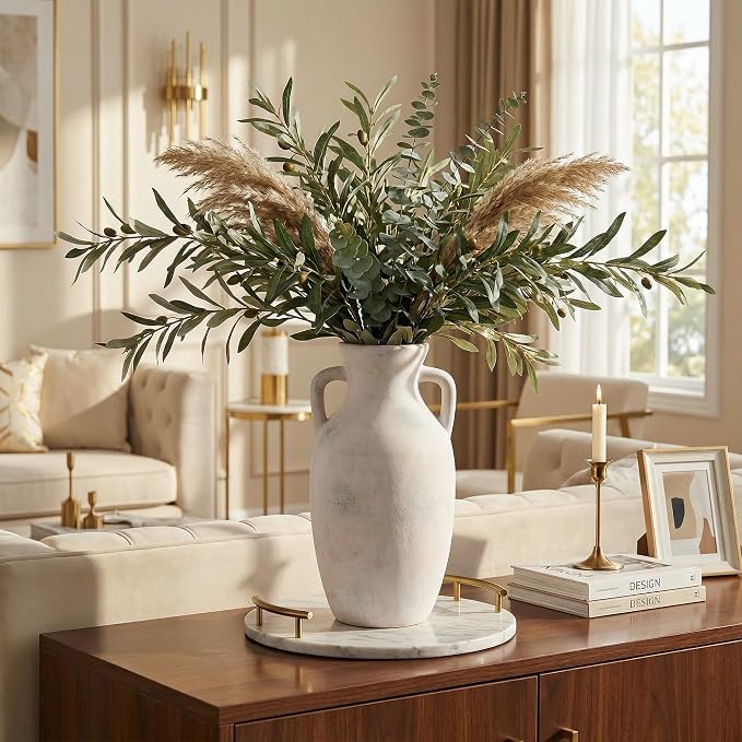 Ceramic Flower Vase with Handles, Neutral Tall Clay Decorative Terracotta Vases Farmhouse Table Vases Living Room Decor Rustic Pottery Pots for Home Shelf Coffee Dining Desk (A-12 h-Antique Beige)