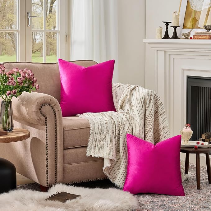 GIGIZAZA Hot Pink Velvet Pillow Covers 20x20 Decorative Pillows Pack of 2 | Throw Pillows for Couch Sofa,280gsm Soft Textured Fabric,Modern Square Pillowcases,Luxury Cushion Covers