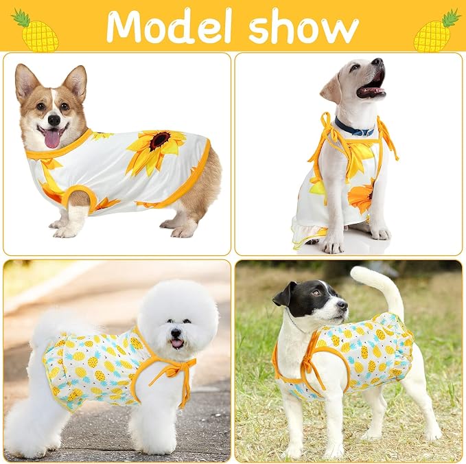 Frienda 4 Pieces Dog Clothes Set Include 2 Pcs Cute Pet Dress Lovely Dog Dress and 2 Pcs Breathable Pet T Shirt Puppy Clothes(Pineapple, Sunflower,X-Large)