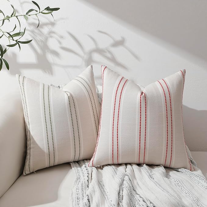 Hckot Spring Decorative Pillow Covers 18x18 Striped Throw Pillows Textured Linen Green Pillow Covers Farmhouse Decor Cushion Covers for Couch Bed Living Room,Sage Green