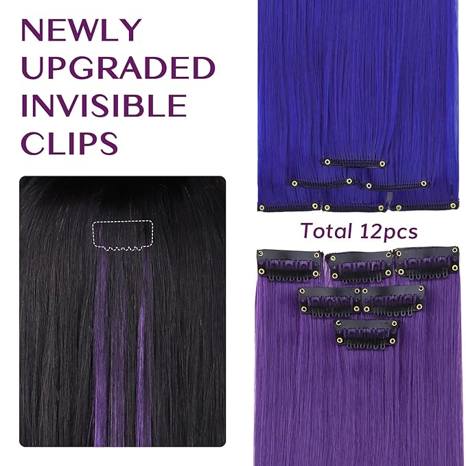 IDN BEAUTY Colored Clip in Hair Extension, 12PCS Blue Deep Purple 24Inch Multicolored Synthetic Hair Pieces for Women, Hair Accessories for Party Cosplay Travel Birthday