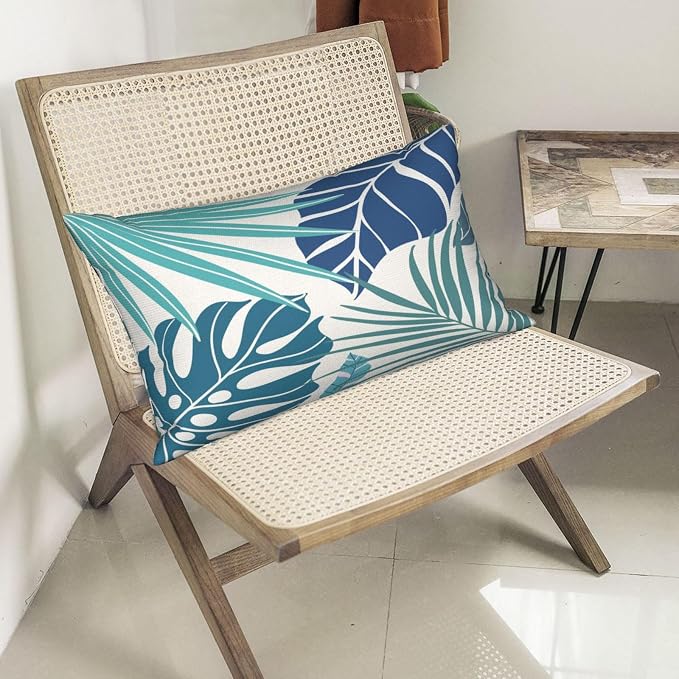 Tropical Pillow Covers 12x20 Set of 2 Navy Blue Aqua Teal Monstera Palm Leaf Pillowcase Summer Decorations Tropical Outdoor Throw Pillows Linen Decor Botanical Plant Cushion Case for Home Bed