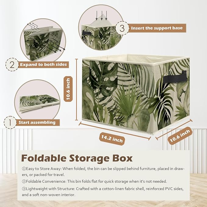 Boho Tropical Botanical Storage Box Bins, Green Monstera Palm Plant Leaf Collapsible Storage Basket Organizer for Bedroom Laundry Room Home Clothes Books, Decor for Room