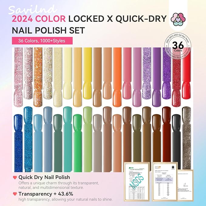 SAVILAND 36 Colors Nail Polish Set Quick Dry: Brown Black Glitter Locked X Tech Regular Nail Polish Kit Fingernail Polish with Top Base Polish Coat 39 Pcs Home Salon Travel Set