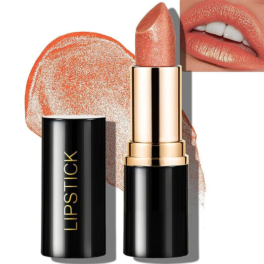 Glitter Lipstick Metallic Coral Orange, Shimmer Lip Stick Long Lasting Waterproof Pearl Diamond Creamy Lipstick Makeup Sparkle High Pigmented Shine Moisturizing Lip Balm Non Stick Cup for Women