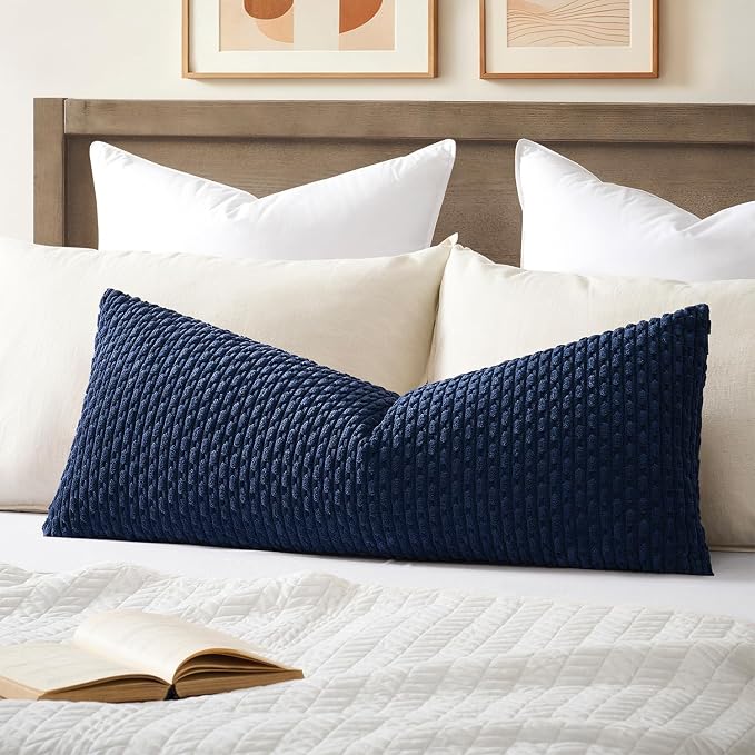Kevin Textile Soft Corduroy 20"x54" Body Pillow Cover 1 Pack, Navy Blue | Boho Stripe Plush Corduroy Decorative Oblong Cushion Cover Modern Farmhouse Home Decor for Sofa Couch Bed Chair
