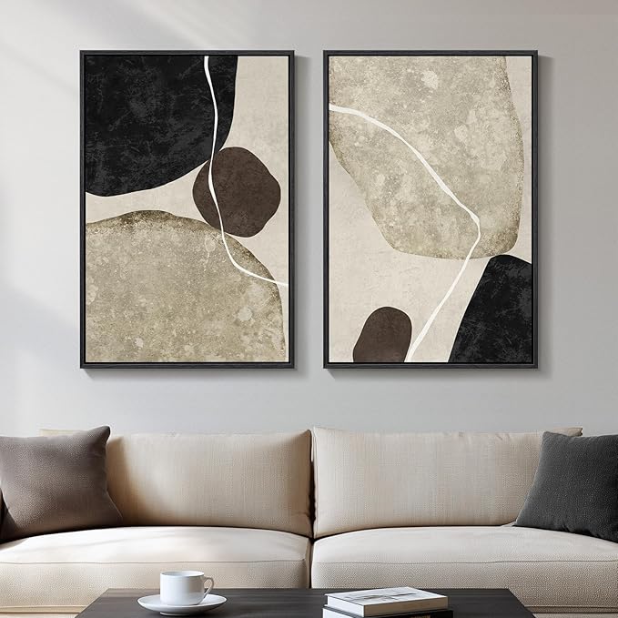 Framed Neutral Abstract Wall Art, 2 Piece Large Modern Black Beige Brown Canvas Prints Paintings Artwork for Walls, Minimalist Stone Shape Pictures for Living Room Dining Bedroom Wall Decor 20x30 In