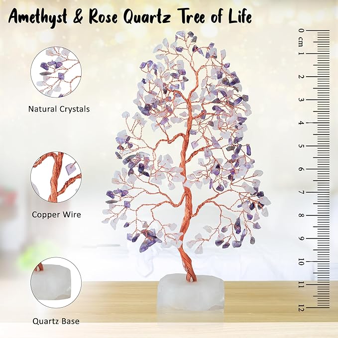 Amethyst & Rose Quartz Crystal Tree Gemstone Tree of Life Quartz Base Chakra Bonsai Tree for Room, Office Decor Spiritual Meditation Birthday Gift for Women Mom her Sister Housewarming Gifts Home