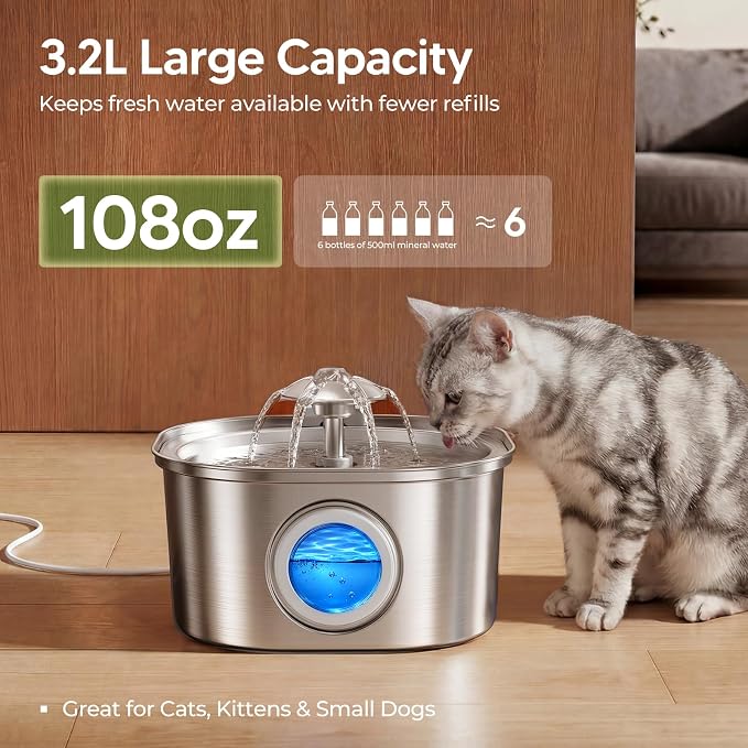 PEKTACO Cat Water Fountain, 3.2L Stainless Steel Pet Fountain, 6 Filters | 108oz capacity, LED water level window, ultra-quiet pump, dishwasher-safe tray, BPA-free, for cats and small dogs