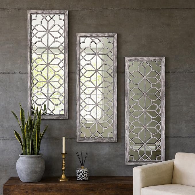 Set of 2 16x41.5 Inch Large Carved Floral Wood Frame Wall Mirrors, Shatterproof Boho Farmhouse Rustic Accent Mirrors for Living Room, Bedroom, Bathroom, Entryway & Home Wall Decor （Brown）