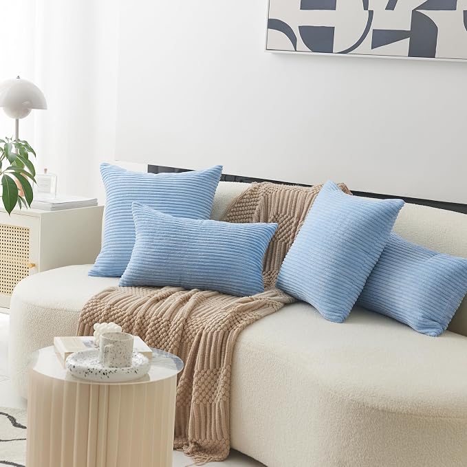Home Brilliant Blue Throw Pillow for Couch Stripe Velvet Corduroy Euro Sham 24 x 24 Throw Pillow Cover for Sofa, 24 x 24 inch (60cm), Baby Boy Blue