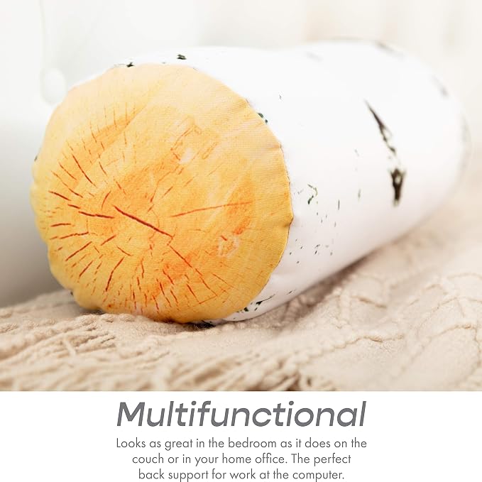 PILLOWY Microbead Log Roll Pillow - Bolster Tube Pillow Cushion Perfect Therapy Pillow - Airy Squishy Soft Bead Bag Bed Room Decoration, Neck Pillow Back Head Body Support, 14" X 8", Birch Wood