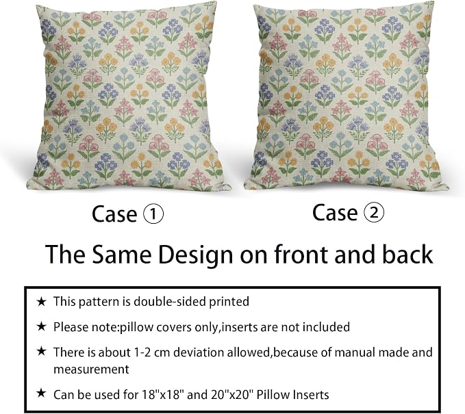 Spring Floral Easter Block Print Pillow Covers 20x20 Inch Set of 2, Pink Yellow Blue Purple Flower Holiday Decorative Throw Pillowcases Outdoor Farmhouse Cushion Covers Sofa Couch Bed Decor