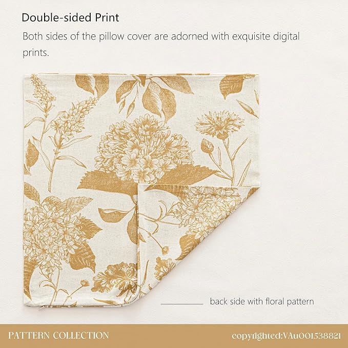 Foindtower Set of 2 Linen Floral Vintage Throw Pillow Covers Neutral Accent Print Decorative Cozy Cushion Covers Farmhouse Home Decor for Sofa Chair Couch Bed Living Room,24×24 Inch,Light Yellow